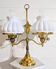 VTG Brass Double Arm Student Lamp Milk Glass Shades Globes Hurricane Parlor 2Way