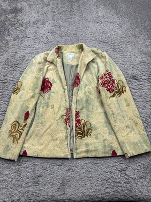 Coldwater Creek Jacket Women Large Lime Green Corduroy Floral Tapestry Blazer