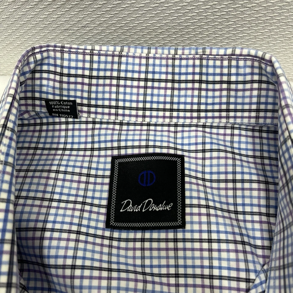 Camisa de vestir David Donahue para hombre 17 34/35 azul púrpura botones a cuadros puño francés Foto 3 de 4
