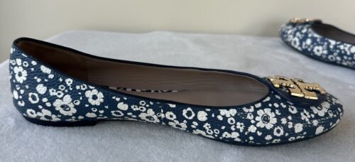 Tory Burch Claire Ballet Flat Tumbled Leather Women's Sz 9.5 Navy Ivory Floral - Picture 5 of 9