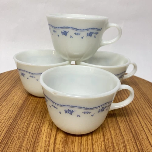 Morning Blue Pyrex 8 Oz. Cups Mugs Set Of 4 Corning Retro Classic USA VINTAGE
