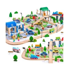 172Pcs Wooden Train Set for Toddlers, Wooden Train Track - Expandable and Cha...