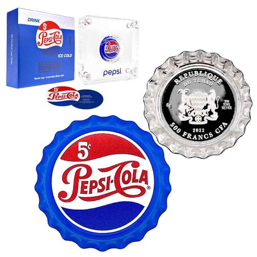 Sale Price - 2022 Chad 6 gram Pepsi-Cola Retro Bottle Cap Proof Silver Coin .999 - Picture 1 of 10