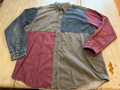 Vtg Hunt Club Blue Gray Patchwork Block Denim Button Down 90s Y2K Mens XL Tall