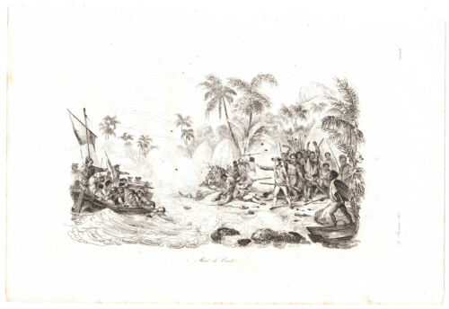 1834 Dumont d'Urville Engraving~ Captain COOK's Death at Kealakekua Bay ~ HAWAII - Picture 1 of 5
