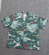 Vtg Paradise Found Hawaiian Shirt Mens Large Green Airplanes Vtg Camp Button Up