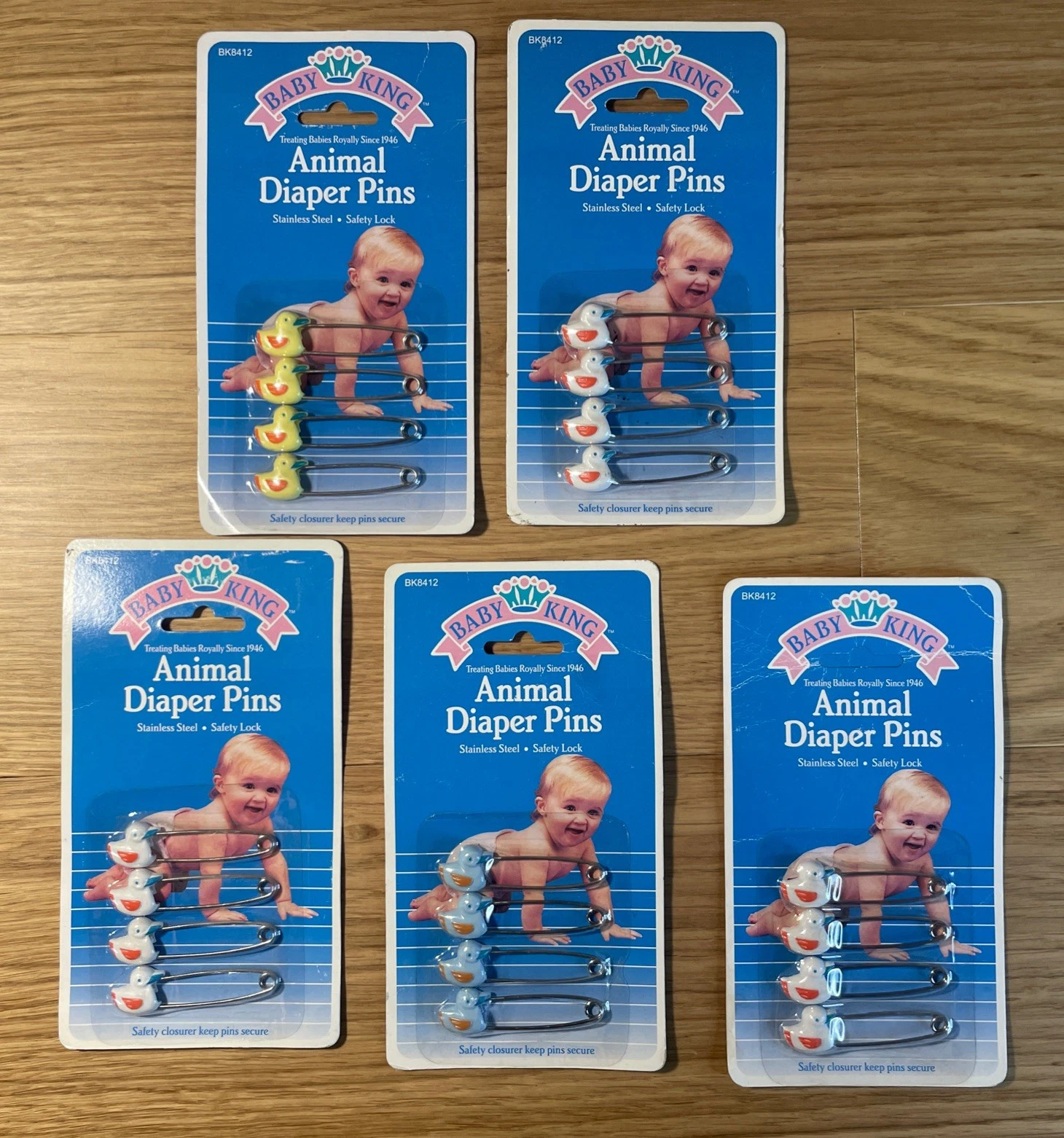 5 Packs Vintage Baby King DIAPER PINS | Duckies | BK8412 White Blue Yellow Pink