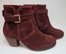 Diba Sleek Buckle Ankle Bootie Side Zipper Block Heel Burgundy Womens Size US 7