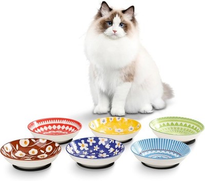 Fairy Tales Colorful Ceramic Cat Bowls Set of 6 - Feeding Dishes With Non-Slip M