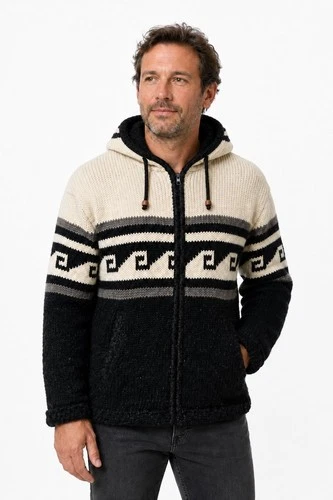 Hand-Knitted Himalayan Wool Hoodie Jacket for Men, Fleece-Lined with Adjustable - product listing photo