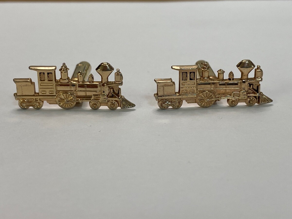 TRAIN ENGINE CUFFLINKS, PAIR GOLD-COLORED, VINTAG… - image 1
