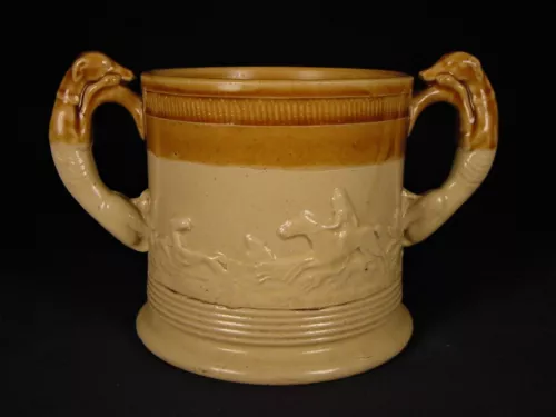 RARE 2 HOUND HANDLED FOX HUNTING MUG #2 ROCKINGHAM GLAZE YELLOW WARE MINT
