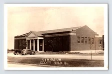 Postcard RPPC Illinois Scott Field AFB IL Gymnasium Cars 1943 Posted Military