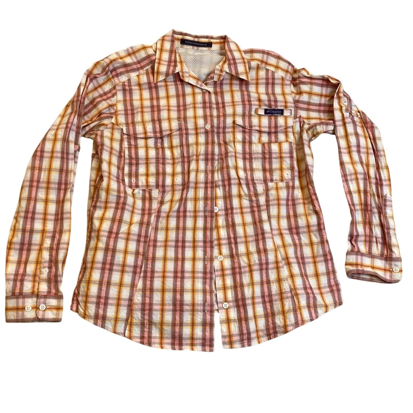 Columbia Womans Fishing Shirt Large PFG Long-Sleeve Plaid Vented Red & White