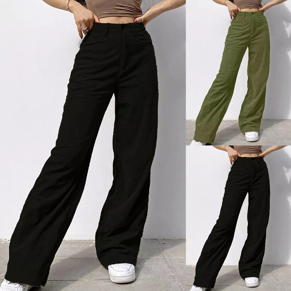 Women's Solid Mid Waisted Wide Leg Pants Straight Casual Baggy Trousers .