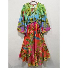 Farm Rio Ombre Kaftan Dress Maxi Multicolor Small Boho Beaded Ruffle Lightweight