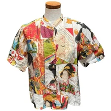 Citron Santa Monica Women's Asian Geisha Print Linen Blouse Top SS Button Size S