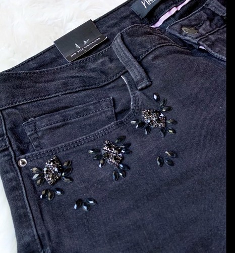Nanette Lepore Mid Rise Girlfriend Jeans Women Black Stretch Denim Rhinestones 6 - Picture 3 of 6