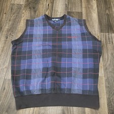 vintage polo ralph lauren navy and beige plaid knit sweater vest size Large