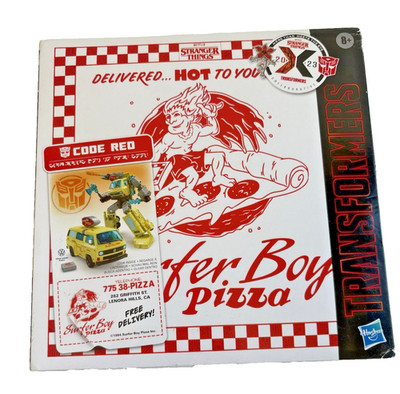 Code Red Transformers x Stranger Things Action Figure Surfer Boy Pizza Box 2023