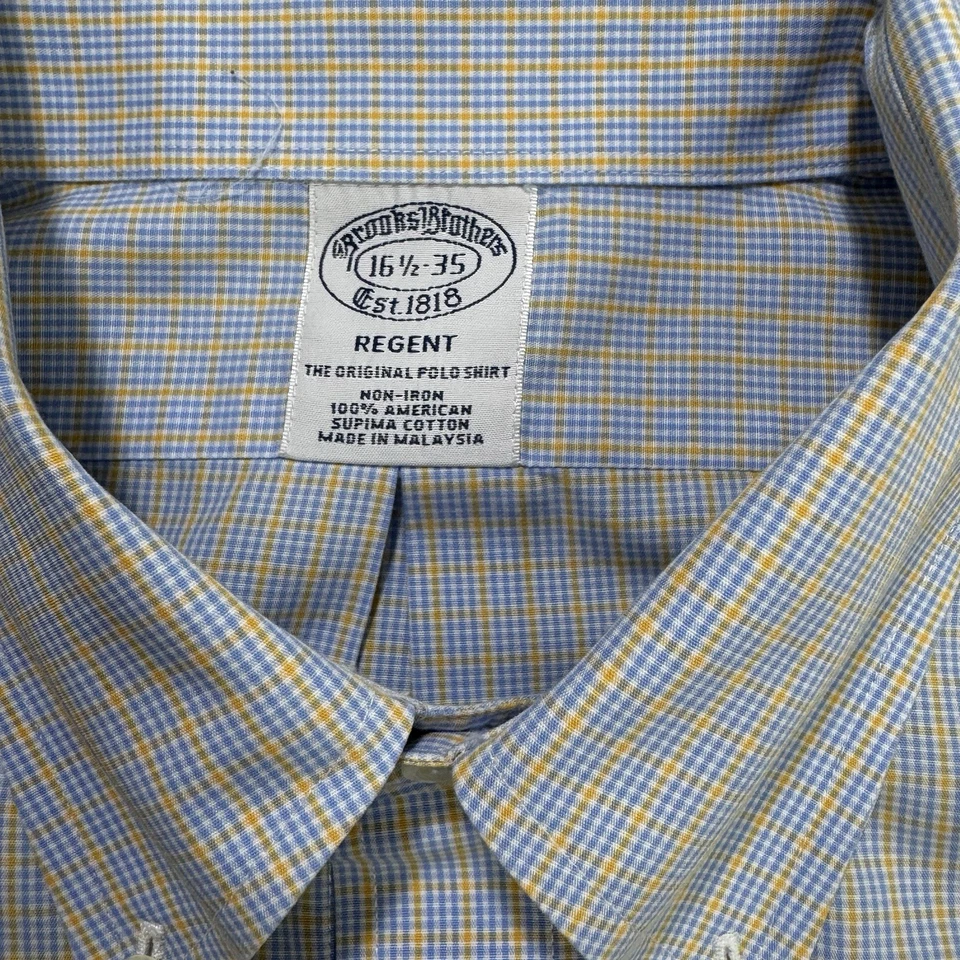Camisa Brooks Brothers Regent 16.5 35 Amarillo Azul Glen Cuadros Abotonada Foto 4 de 4