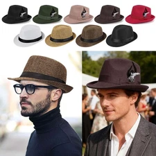 Classic Fedora Hats for Men Women Short Brim Felt Feather Hat Panama Dress Hat