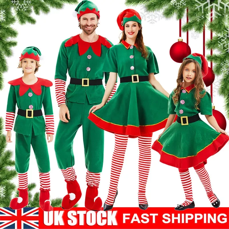 Adults Kids Christmas Elf Costume Cosplay Fancy Dress Xmas Santa Helper Outfits - Image 3 of 4