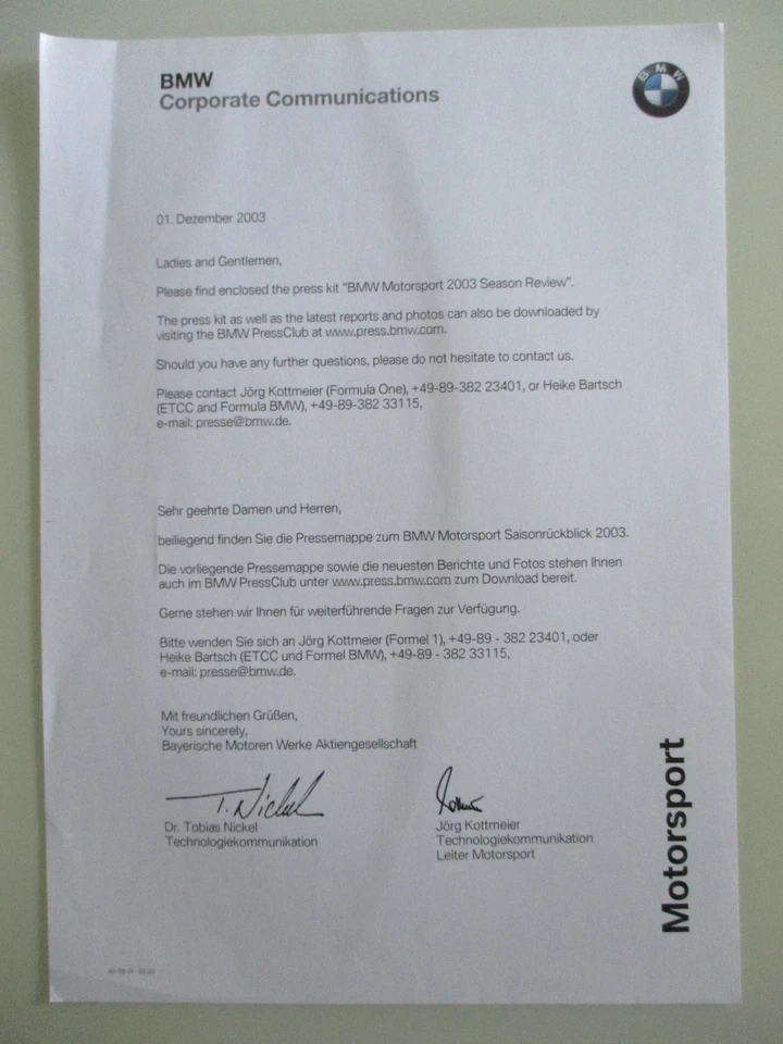 BMW Motorsport Saisonrückblick Pressemappe Press Kit mit CD-ROM 2003 - Bild 4 von 4