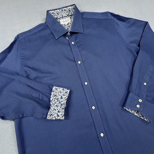 Ted Baker Endurance Shirt Mens 17 32/33 Blue Jacquard Slim Fit Long Sleeve Dress