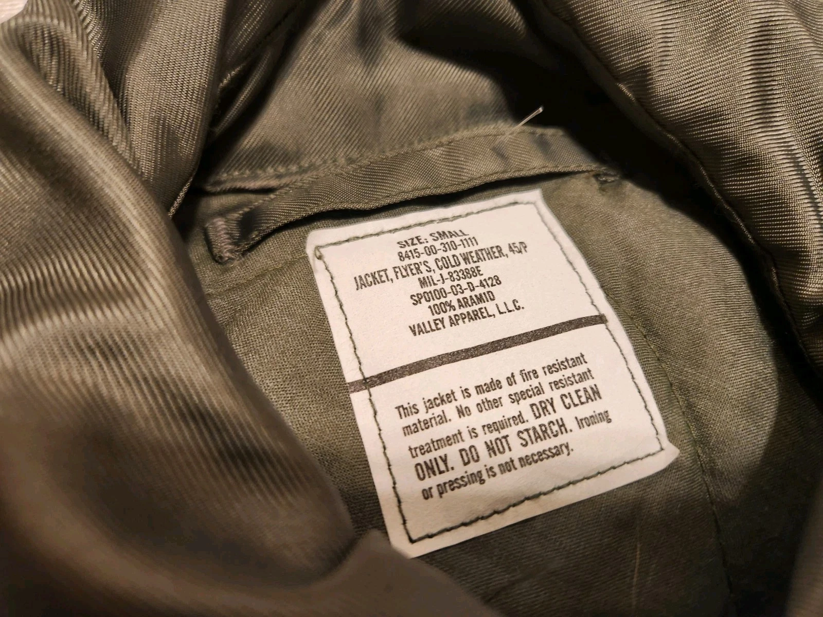 Valley Apparel US Navy Green Flight Jacket 45/P Cold Weather Sz S Fire Resistant - product detail image 5