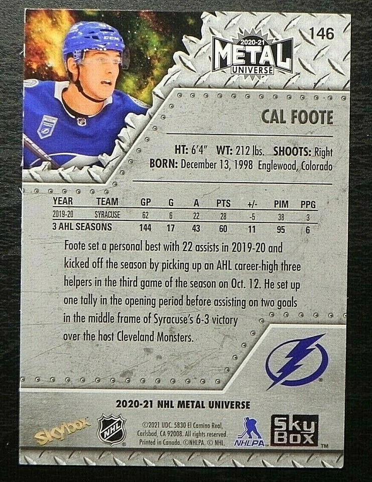 2020-21 20/21 Skybox Metal Universe SP ROOKIE #146 Cal Foote TB Lightning - Image 2 of 2