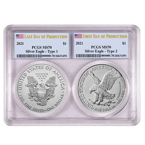 2021 $1 Type 1, Type 2 Silver Eagle Set PCGS MS70 First and Last Day of Produ...