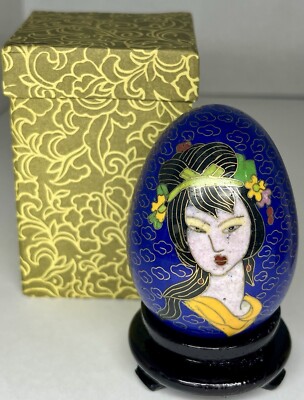 Vintage Enamel Chinese Art Blue Geisha Cloisonné Egg Wood Stand W/ Original Box