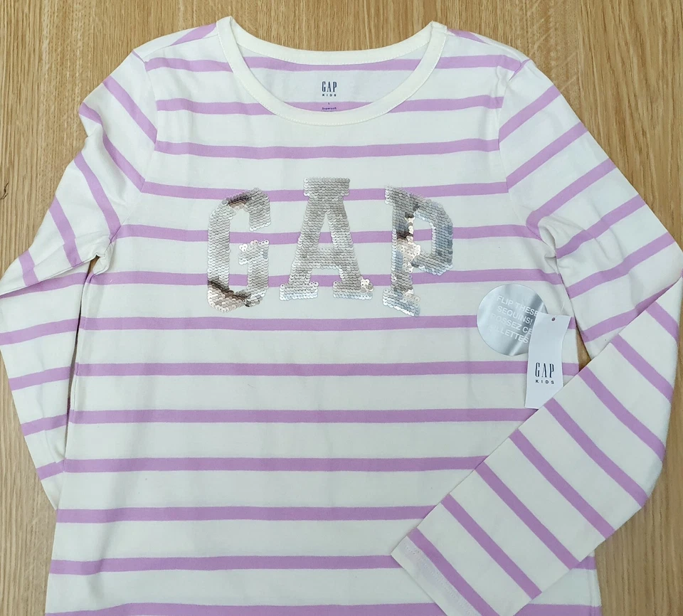 GAP Girls White Lilac Stripe Sequin Gap Logo Long Sleeve T Shirt MRRP £16.99 - Image 4 of 4