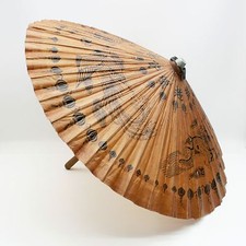 Vtg Oriental Wooden Umbrella Dragons 37" Diameter Bamboo Paper Parasol