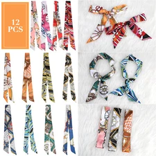 12x Ladies Satin Silk Scarf Print Wrap Neck Tie Wrist Hair Band 35" Long Ribbon