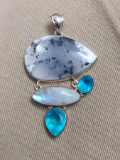 Natural Dendrite Opal Gemstone Pendant 925 Silver Moonstone Blue Quartz Jewelry