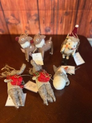 Wool Holiday Ornaments Set  Festive Reindeer Snowman & Skiing hedgehog, elephant