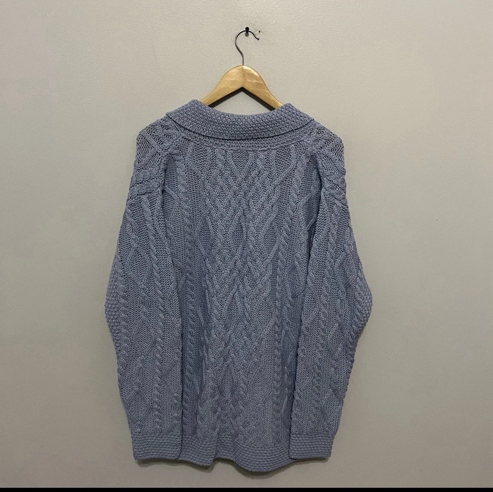 Aran Crafts 蓝色美利奴羊毛毛衣开衫 XL 码厚电缆针织爱尔兰 — 第 2/4 张图片