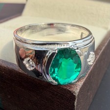 Solid 925 Sterling Silver In Green Emerald Gemstone Handmade Ring Men's Jewelry