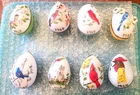 8 Antique Vintage 1960's  Milk Glass Egg Hand Painted Easter Eggs Bird themes