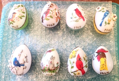 8 Antique Vintage 1960's  Milk Glass Egg Hand Painted Easter Eggs Bird themes