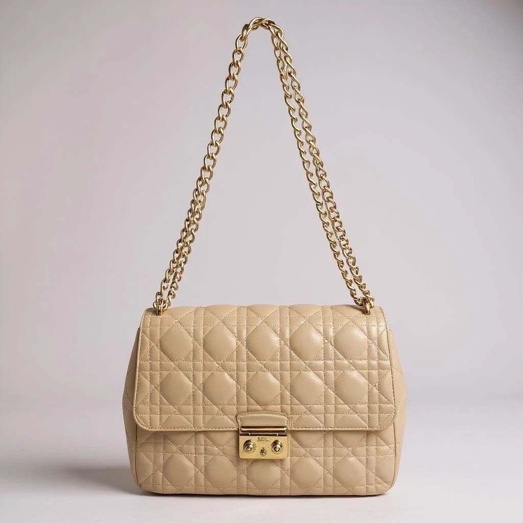 Christian Dior borsa a tracolla con patta media nuda beige catena oro rosa