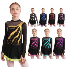 Girls Figure Skating Long Sleeve Patchwork Ballet Dance Leotard Dress Dancewear