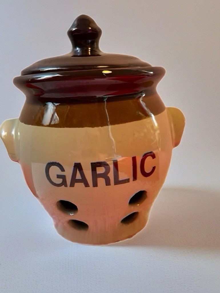 Vintage 1970s Ceramic Garlic Keeper Jar with Lid Brown Drip Glaze