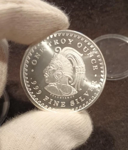 CUAUHTEMOC AZTEC CALENDAR, 1 oz .999 Silver USA Made, Round Bullion in Capsule