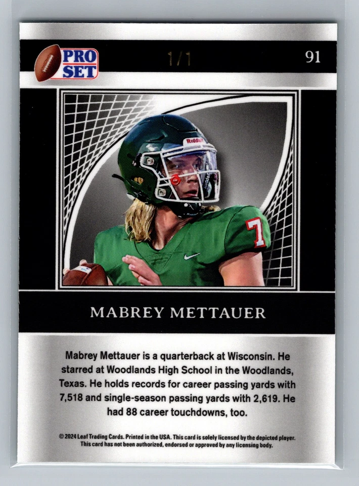 2024 Pro Set Metal Mabrey Mettauer Green Pulsar Rookie 1/1 #91 3855 - Image 2 of 2
