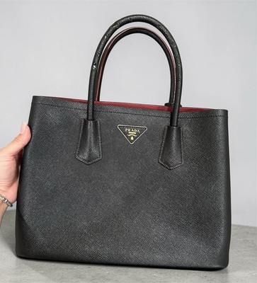 PRADA Saffiano Medium Tote Black/Red, Gold Logo Hardware, Inner Pockets