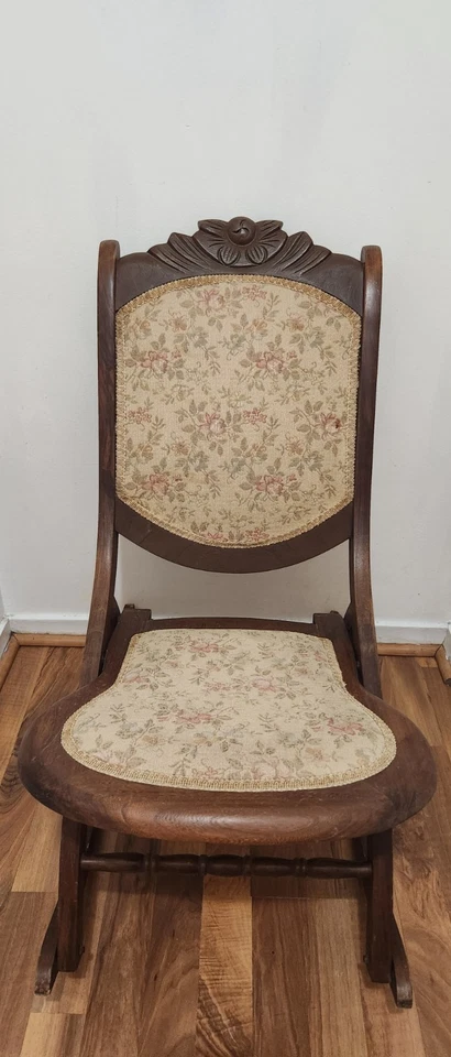 Antique, Victorian, Mahogany, Carved, Floral, Folding, Rocking Chair - Image 2 of 4