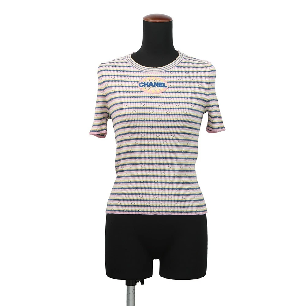 Chanel — CHANEL CHANEL logo short-sleeved knit Size 38 70% Cotton / 30% Paper Pink/Mu...